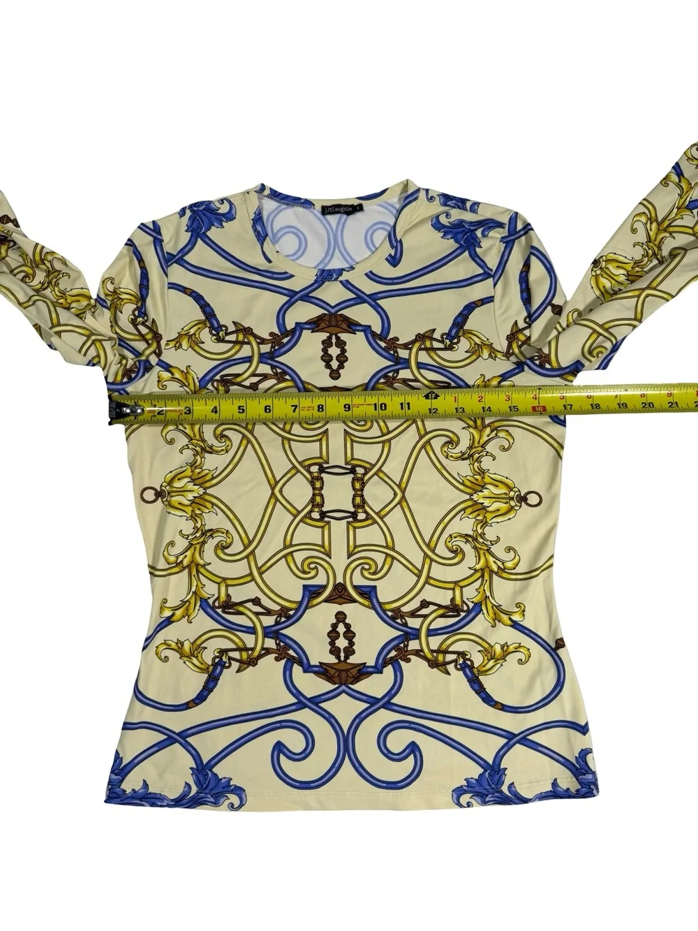 J McLaughlin Top Sz Small Equestrian Scroll Print Blue Gold Stretch Knit Casual - Picture 3 of 8